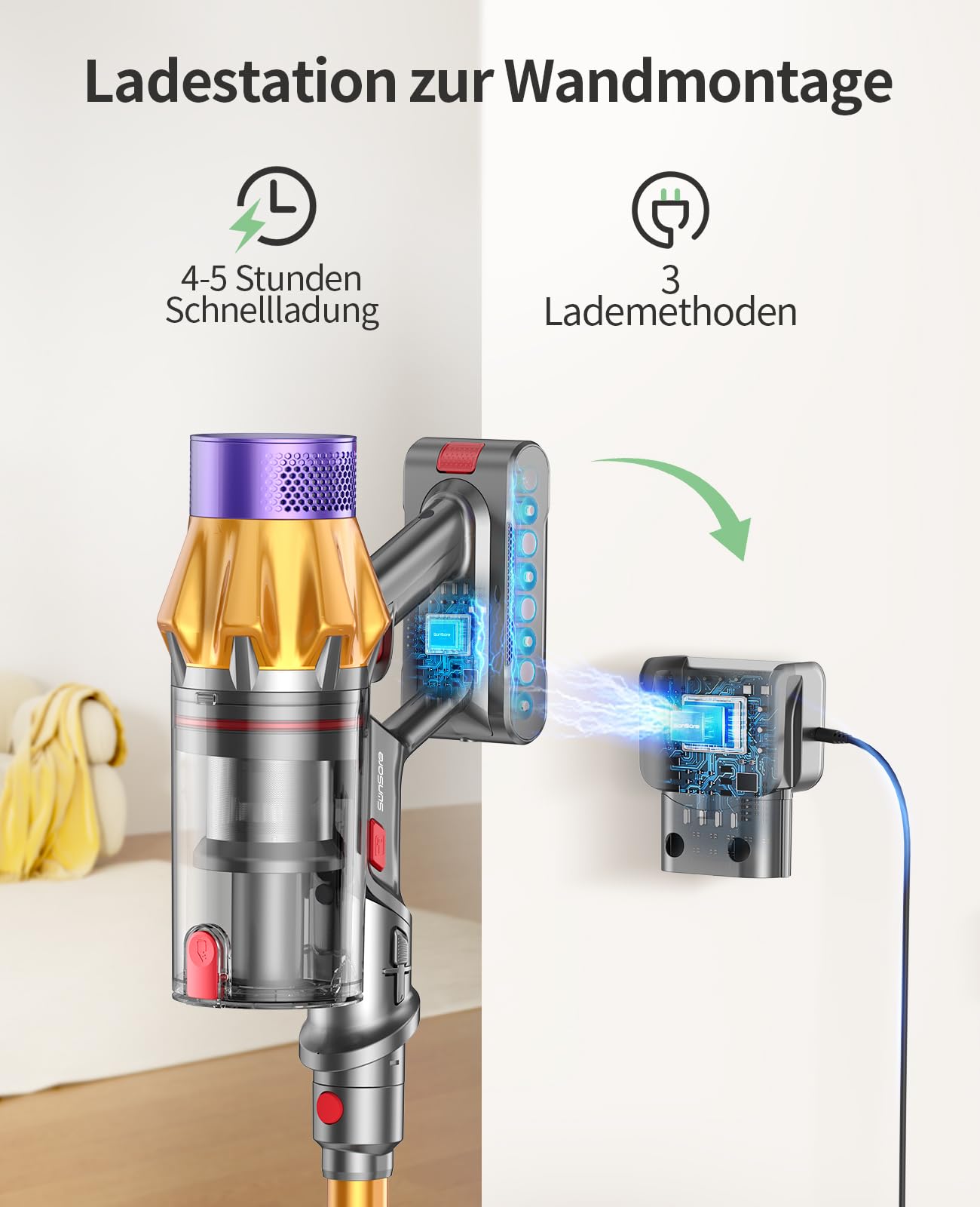 SunSare Kabelloser Akku-Staubsauger – 600W, 50.000Pa, 65 Min Laufzeit, LED-Display, Anti-Tangle-Bürste