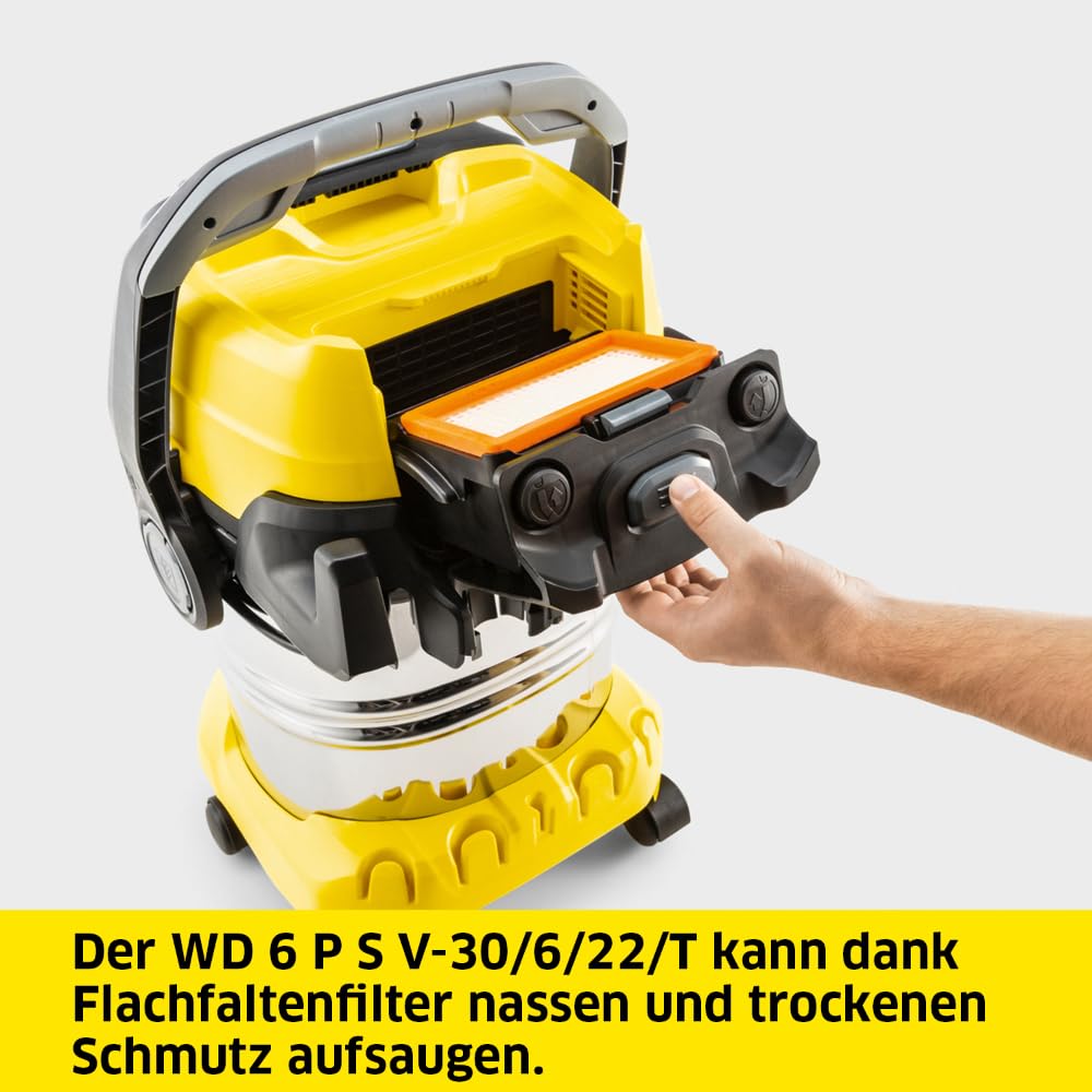 Kärcher WD 6 P S V Nass-/Trockensauger – 1300W, 30 L Edelstahlbehälter, Flachfaltenfilter, Blasfunktion