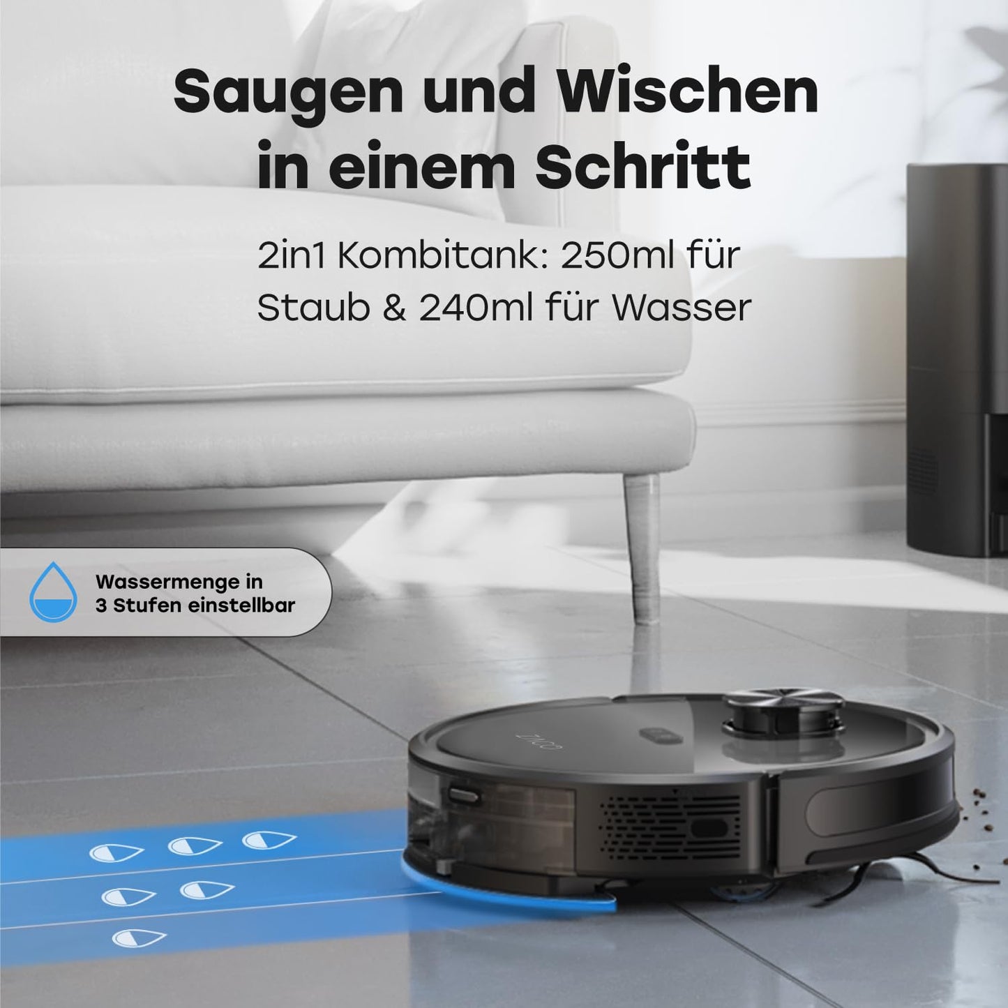 ZACO A10 Pro Saugroboter 2-in-1 – 3.000 Pa, Wischfunktion, 2,5 L Absaugstation, LiDAR, App & Alexa