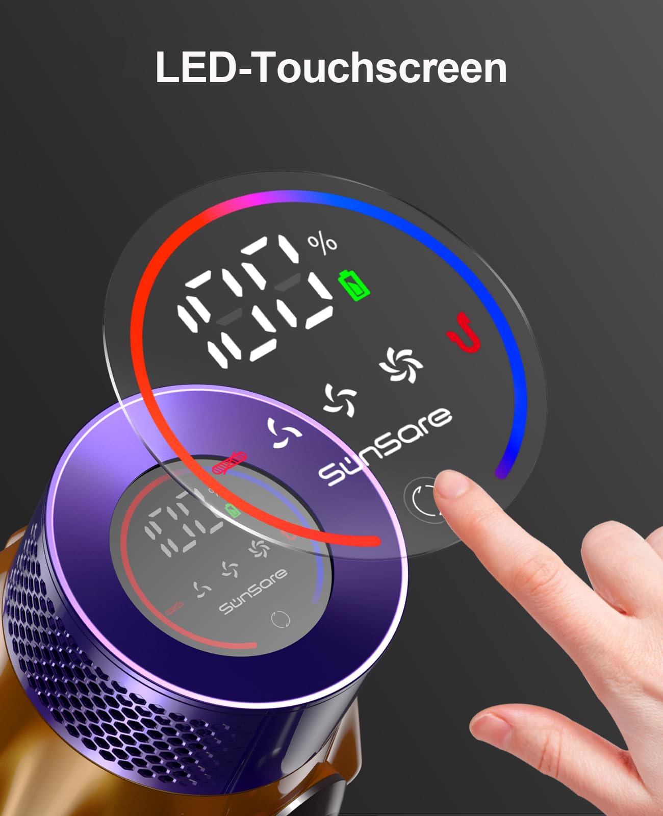 SunSare Kabelloser Akku-Staubsauger – 600W, 50.000Pa, 65 Min Laufzeit, LED-Display, Anti-Tangle-Bürste
