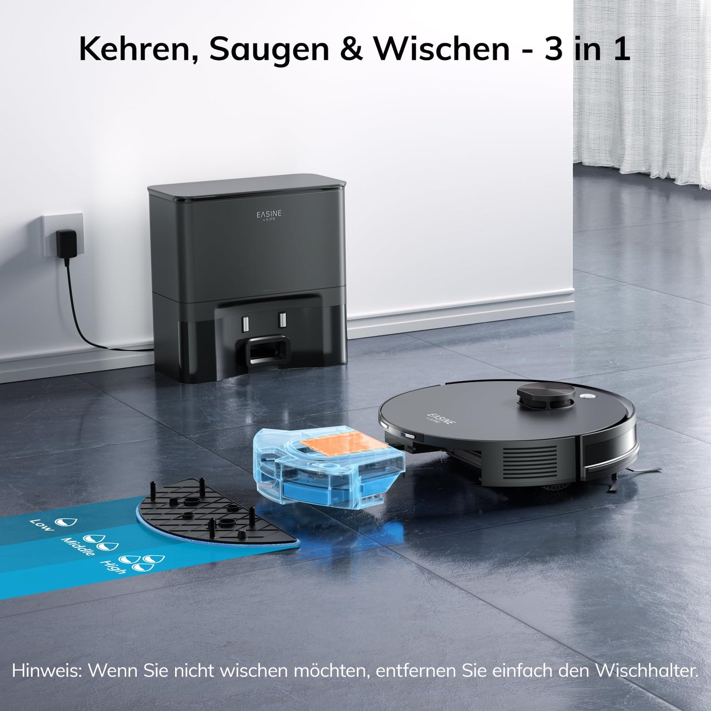 EASINE S20 Saugroboter mit Wischfunktion – Selbstentleerend, 5000Pa, App-Steuerung