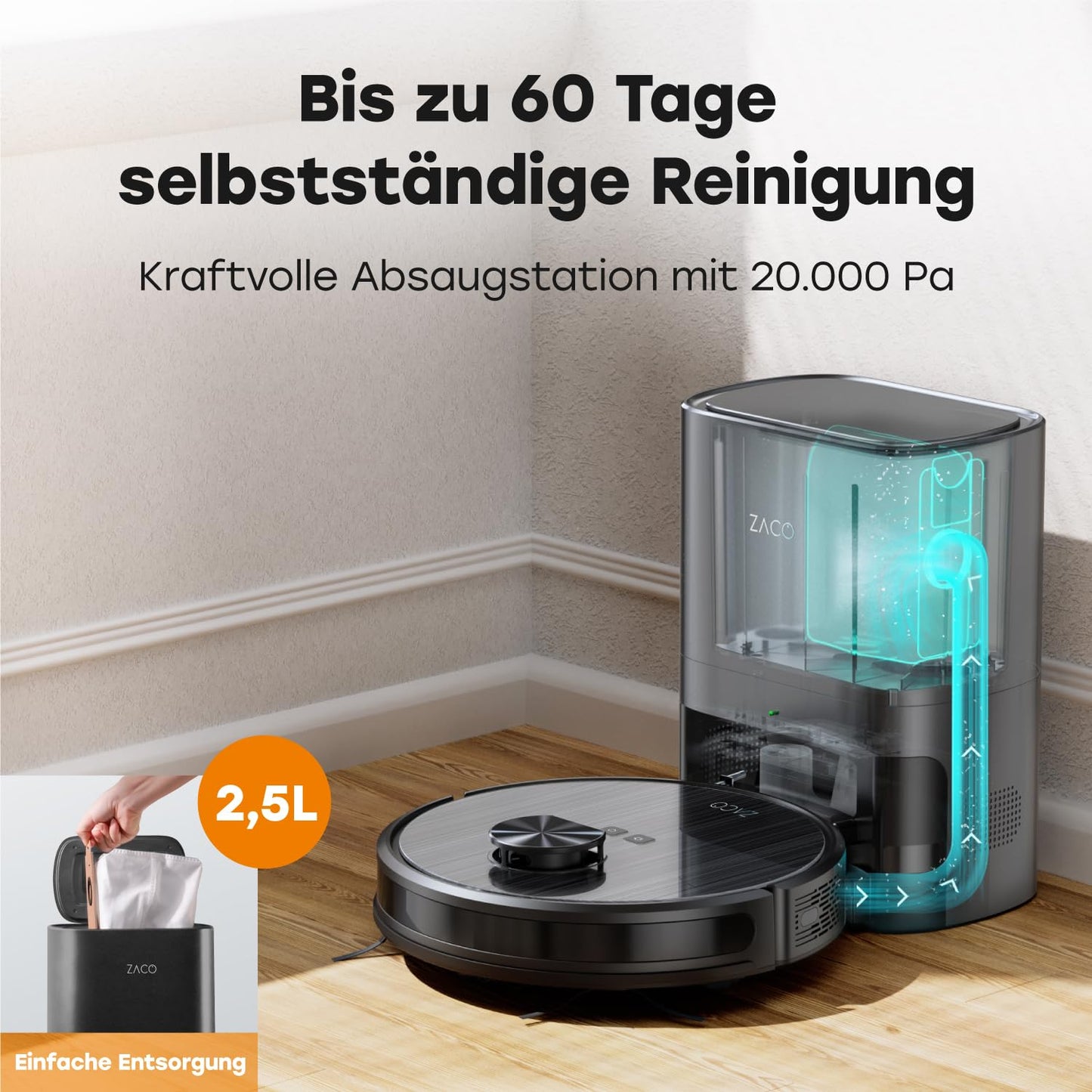 ZACO A10 Pro Saugroboter 2-in-1 – 3.000 Pa, Wischfunktion, 2,5 L Absaugstation, LiDAR, App & Alexa