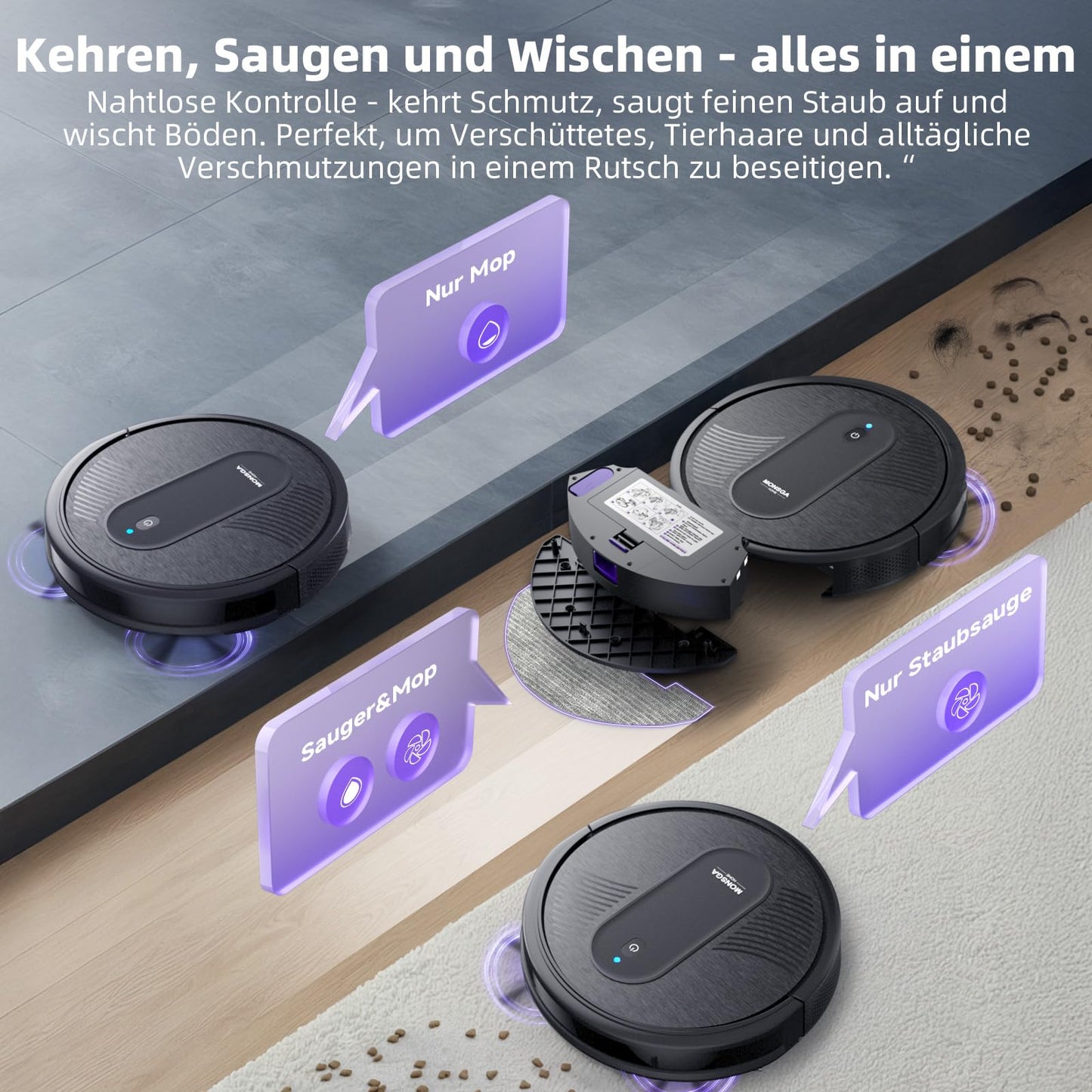 MONSGA 3-in-1 Saug- und Wischroboter, 3000 Pa, WiFi, 140 Min