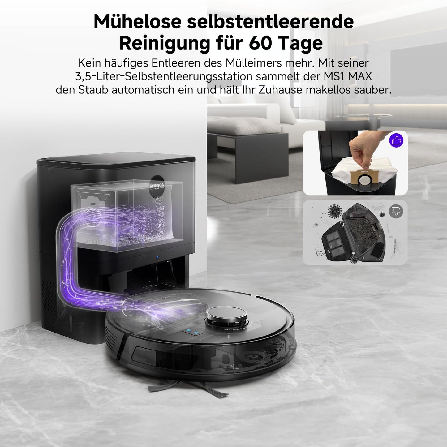 MONSGA MS1 MAX Saug- & Wischroboter mit Absaugstation, 5000 Pa, 180 Min Laufzeit
