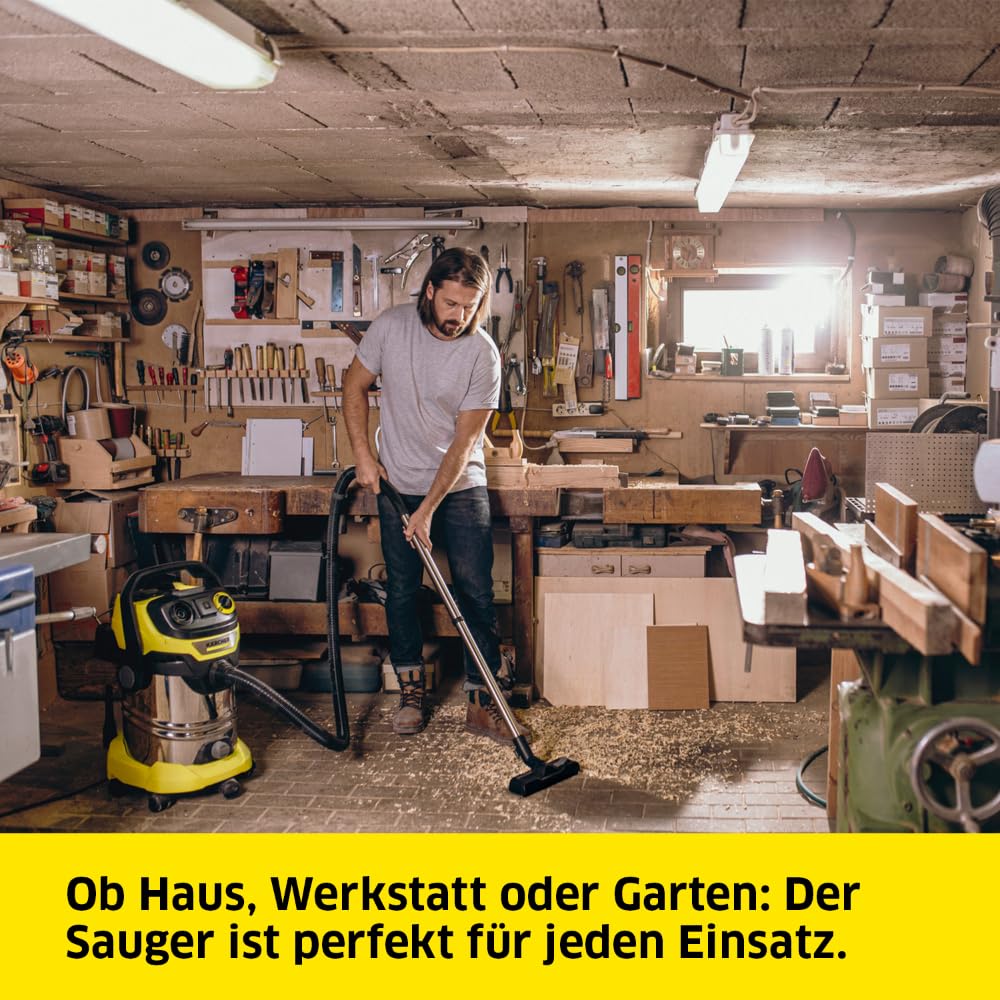 Kärcher WD 6 P S V Nass-/Trockensauger – 1300W, 30 L Edelstahlbehälter, Flachfaltenfilter, Blasfunktion