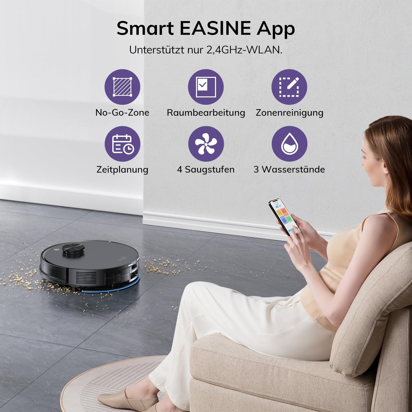 EASINE S20 Saugroboter mit Wischfunktion – Selbstentleerend, 5000Pa, App-Steuerung