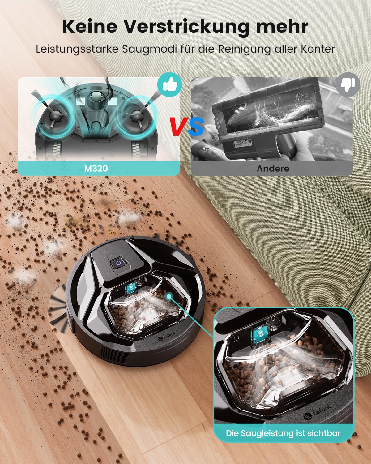 LEFANT M320 Saugroboter 3-in-1 – 6000Pa, Wischfunktion, App & Alexa, 210 Min Laufzeit, Ideal für Tierhaare & Teppiche