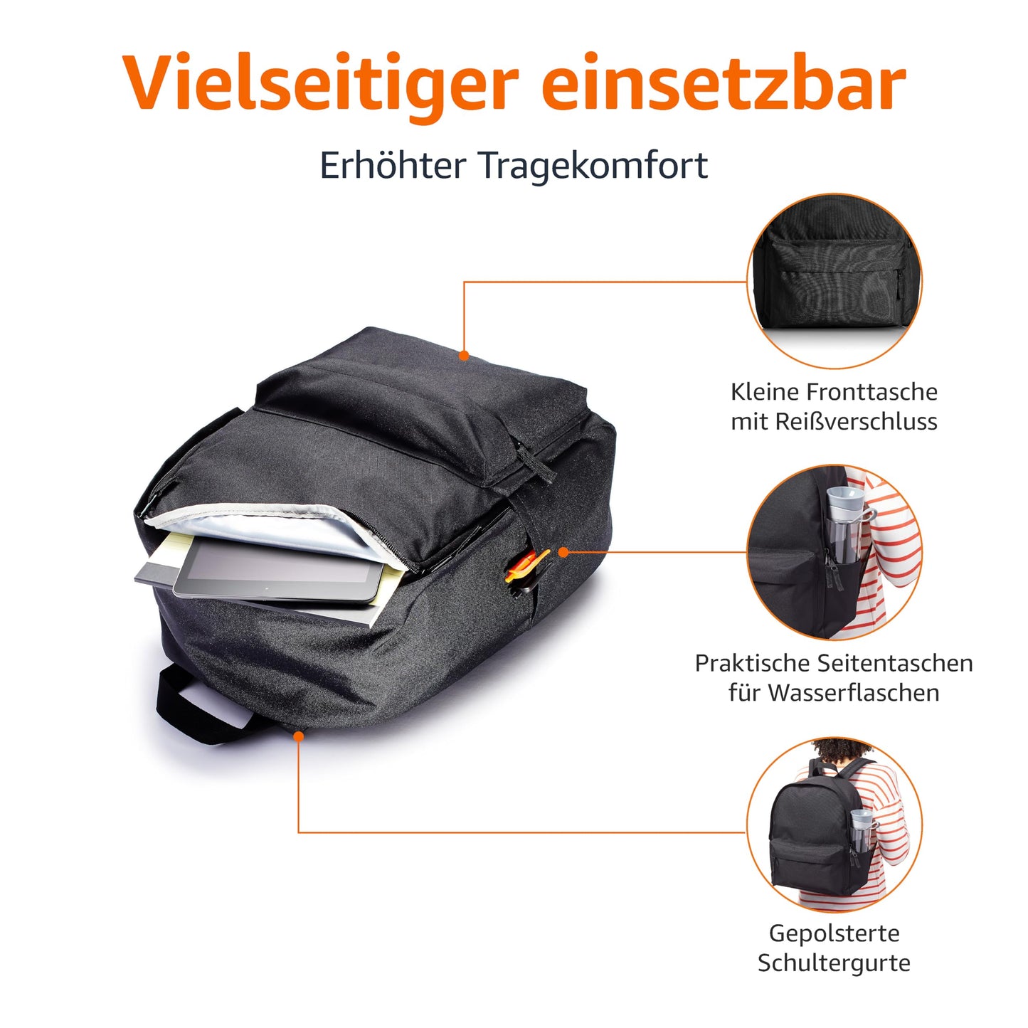 Klassischer Rucksack für Schule, Freizeit & Alltag – Schwarz