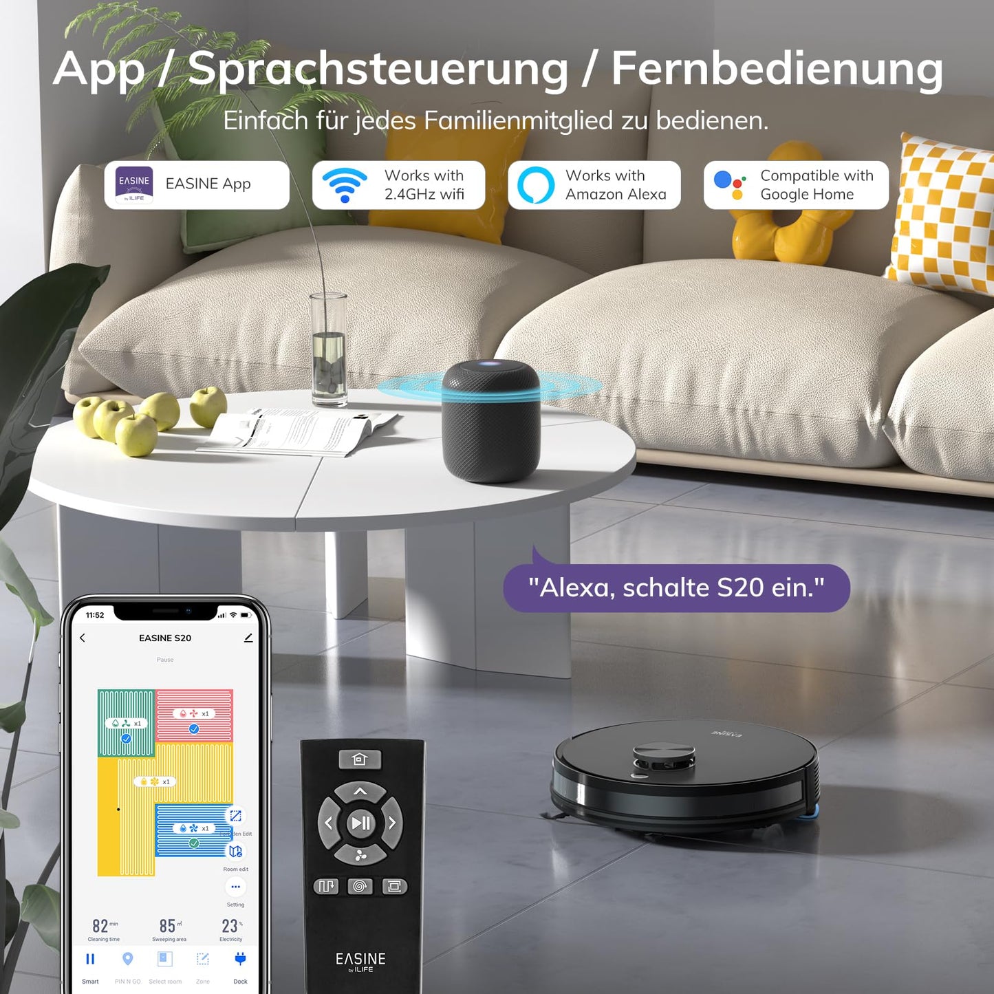 EASINE S20 Saugroboter mit Wischfunktion – Selbstentleerend, 5000Pa, App-Steuerung