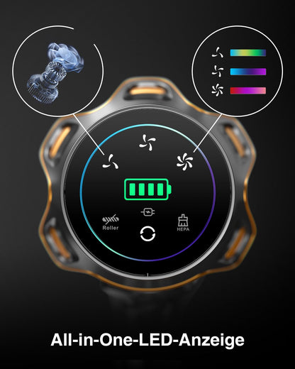 Kabelloser Akku-Staubsauger 550 W – 45 kPa, 65 Min Laufzeit, Anti-Tangle, OLED-Display
