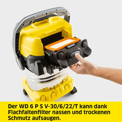 Kärcher WD 6 P S V Nass-/Trockensauger – 1300W, 30 L Edelstahlbehälter, Flachfaltenfilter, Blasfunktion