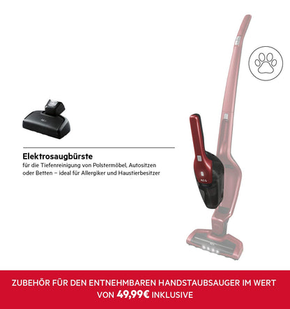 AEG Ergorapido 2in1 Akku-Staubsauger – Beutellos, Tierhaardüse, 45 Min Laufzeit, LED-Frontlicht, Rot