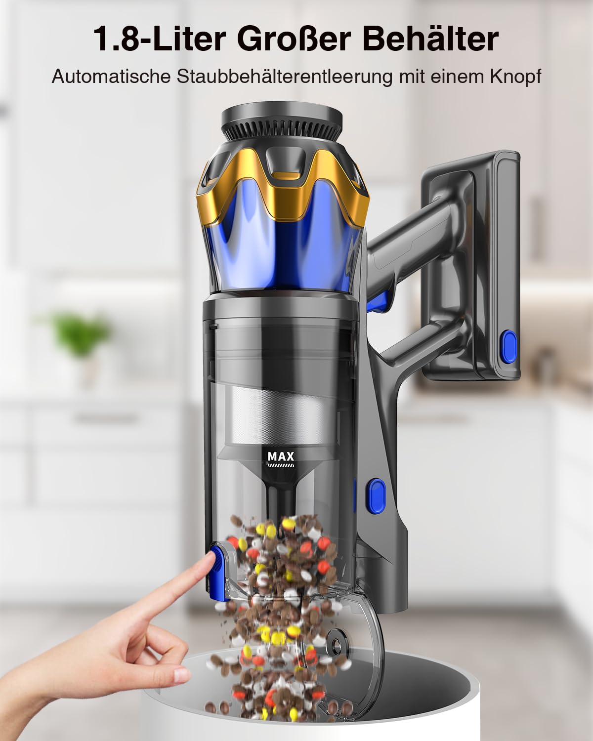 Kabelloser Akku-Staubsauger 550 W – 45 kPa, 65 Min Laufzeit, Anti-Tangle, OLED-Display
