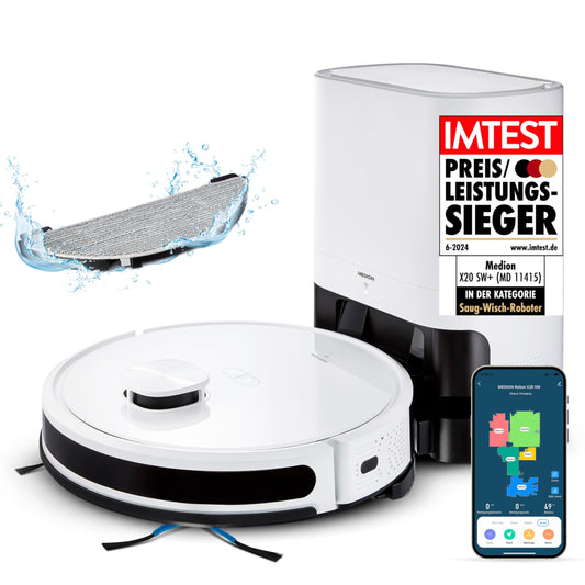 MEDION X20 SW+ Saugroboter mit Absaugstation – 2-in-1 Wischen & Saugen, 3.000 Pa, Lasernavigation