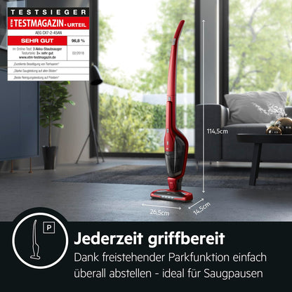 AEG Ergorapido 2in1 Akku-Staubsauger – Beutellos, Tierhaardüse, 45 Min Laufzeit, LED-Frontlicht, Rot