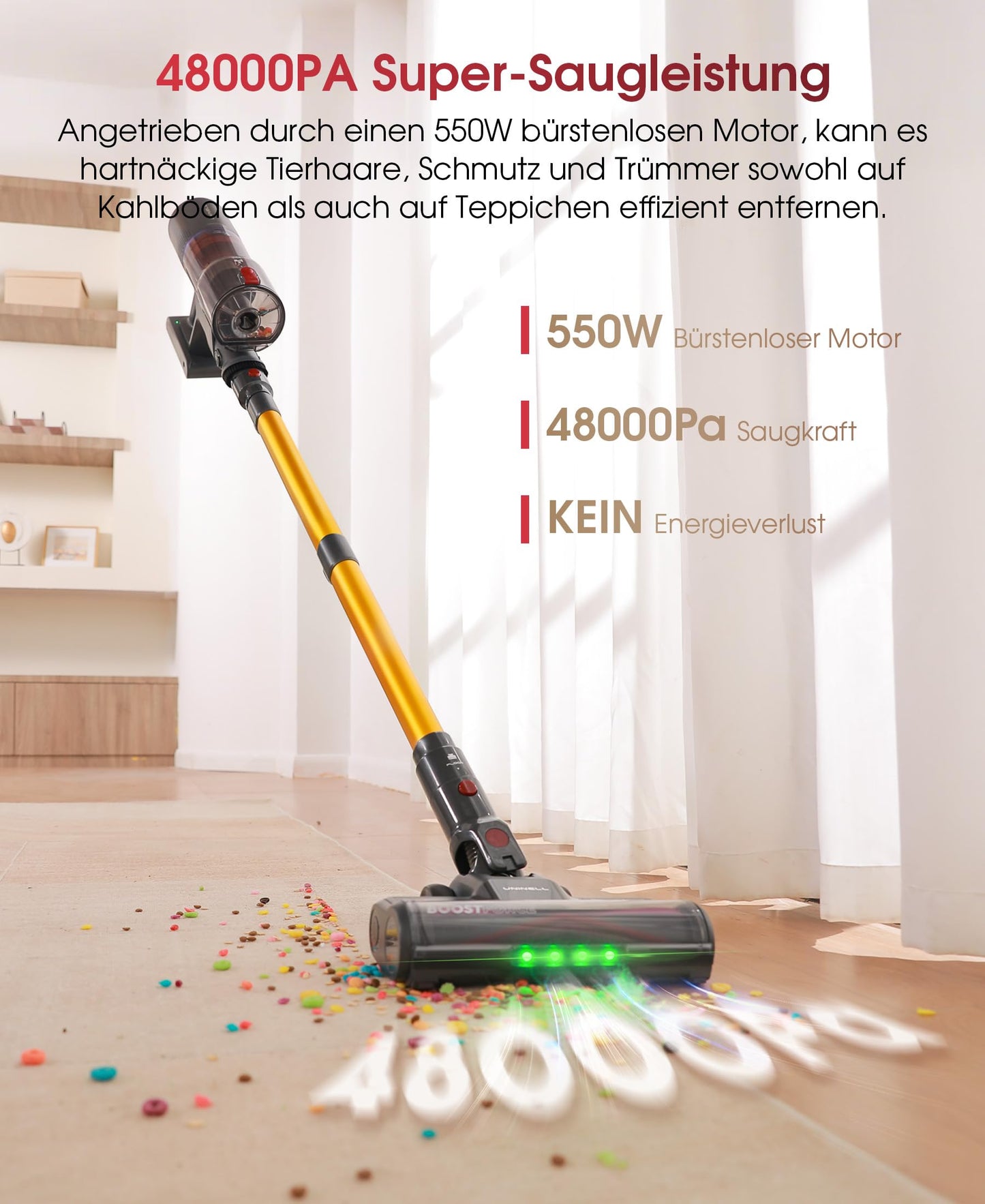 UNINELL Home Kabelloser Akku-Staubsauger – 550 W, 48 kPa, LED Touchscreen