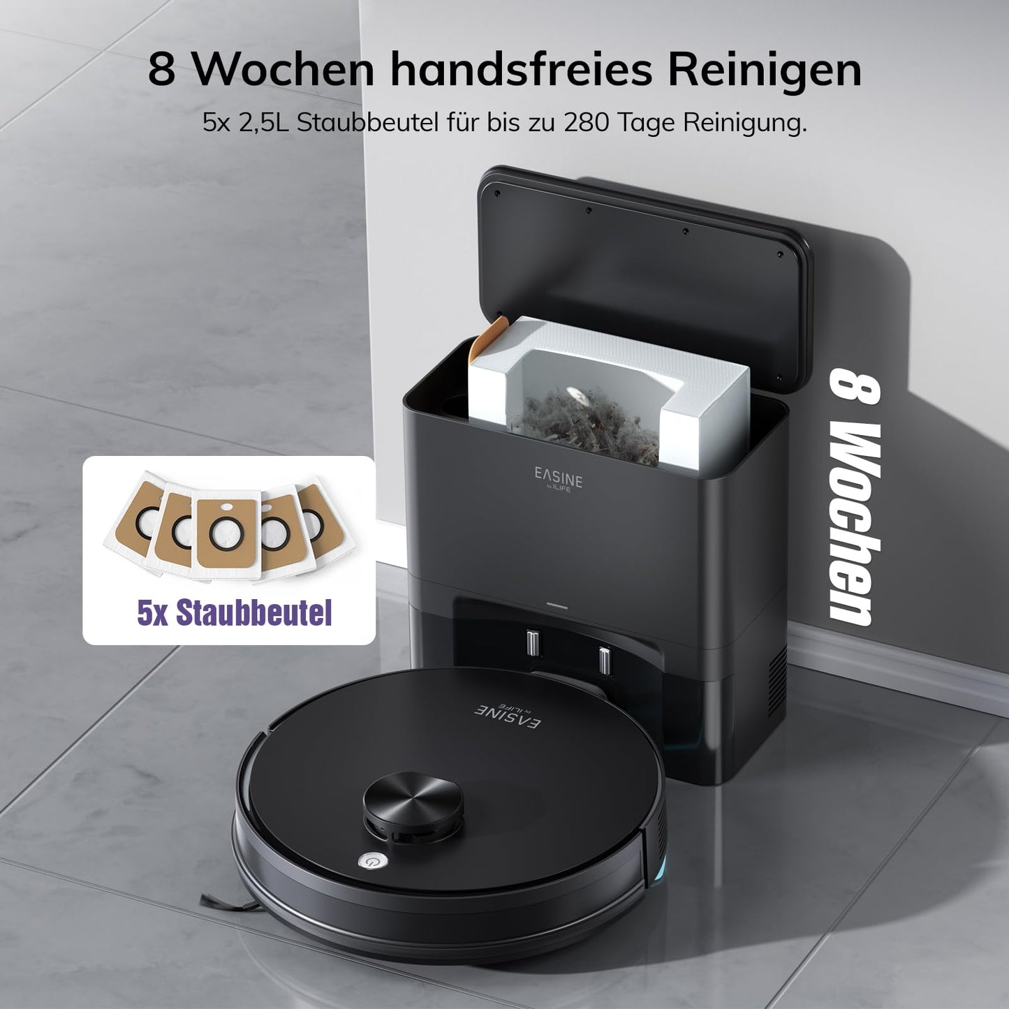 EASINE S20 Saugroboter mit Wischfunktion – Selbstentleerend, 5000Pa, App-Steuerung