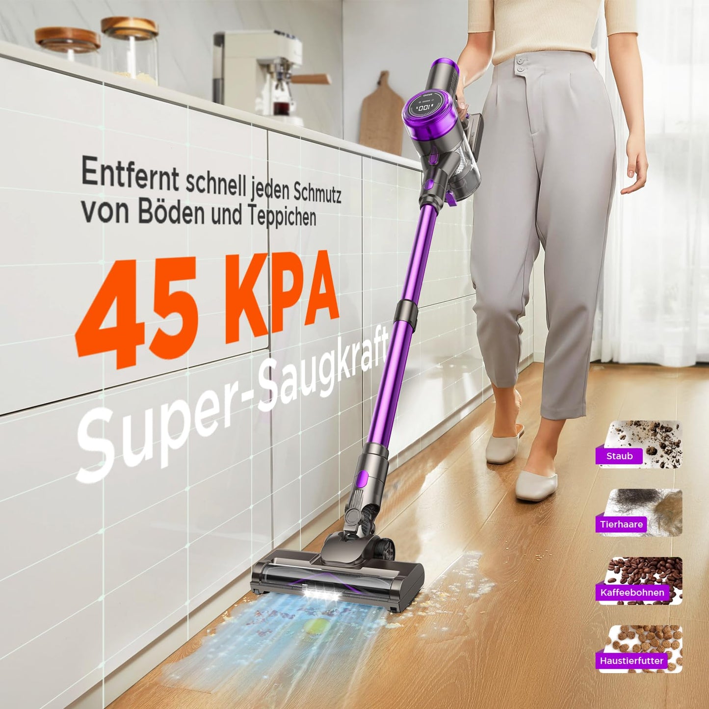 Kabelloser Akku-Staubsauger – 550W, 45.000Pa Saugkraft, LED-Display, 65 Min Laufzeit, Anti-Tangle-Bürste