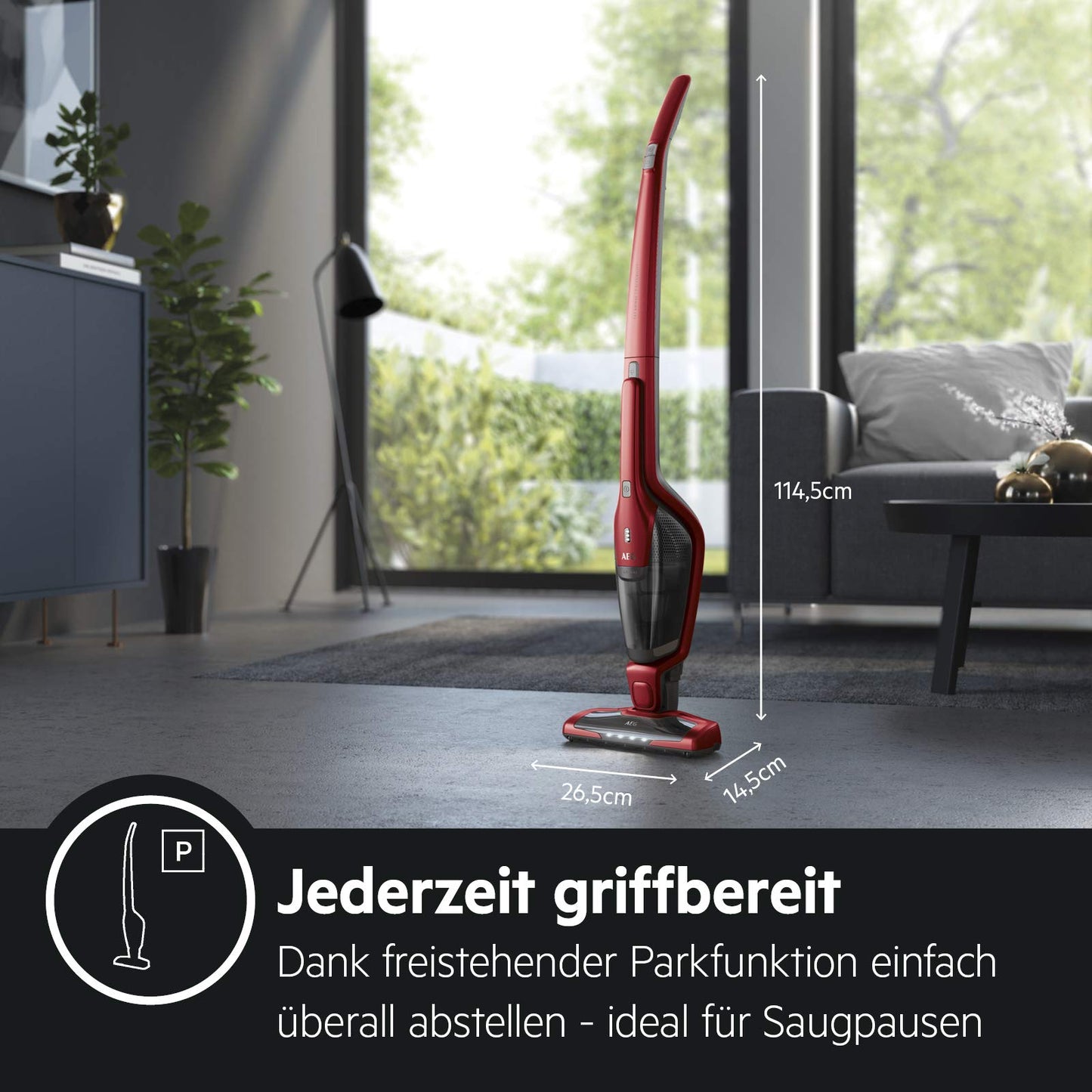AEG Ergorapido 2in1 Akku-Staubsauger – Beutellos, Tierhaardüse, 45 Min Laufzeit, LED-Frontlicht, Rot