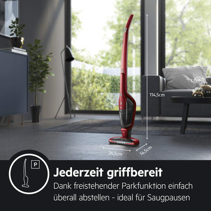 AEG Ergorapido 2in1 Akku-Staubsauger – Beutellos, Tierhaardüse, 45 Min Laufzeit, LED-Frontlicht, Rot