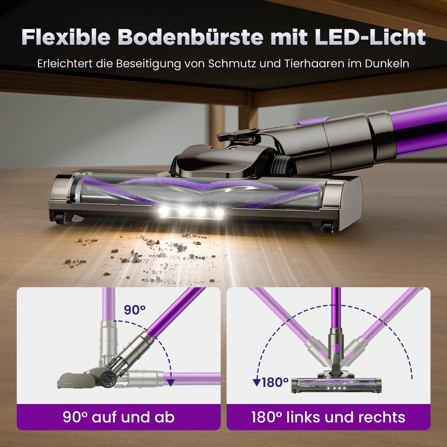 Kabelloser Akku-Staubsauger – 550W, 45.000Pa Saugkraft, LED-Display, 65 Min Laufzeit, Anti-Tangle-Bürste