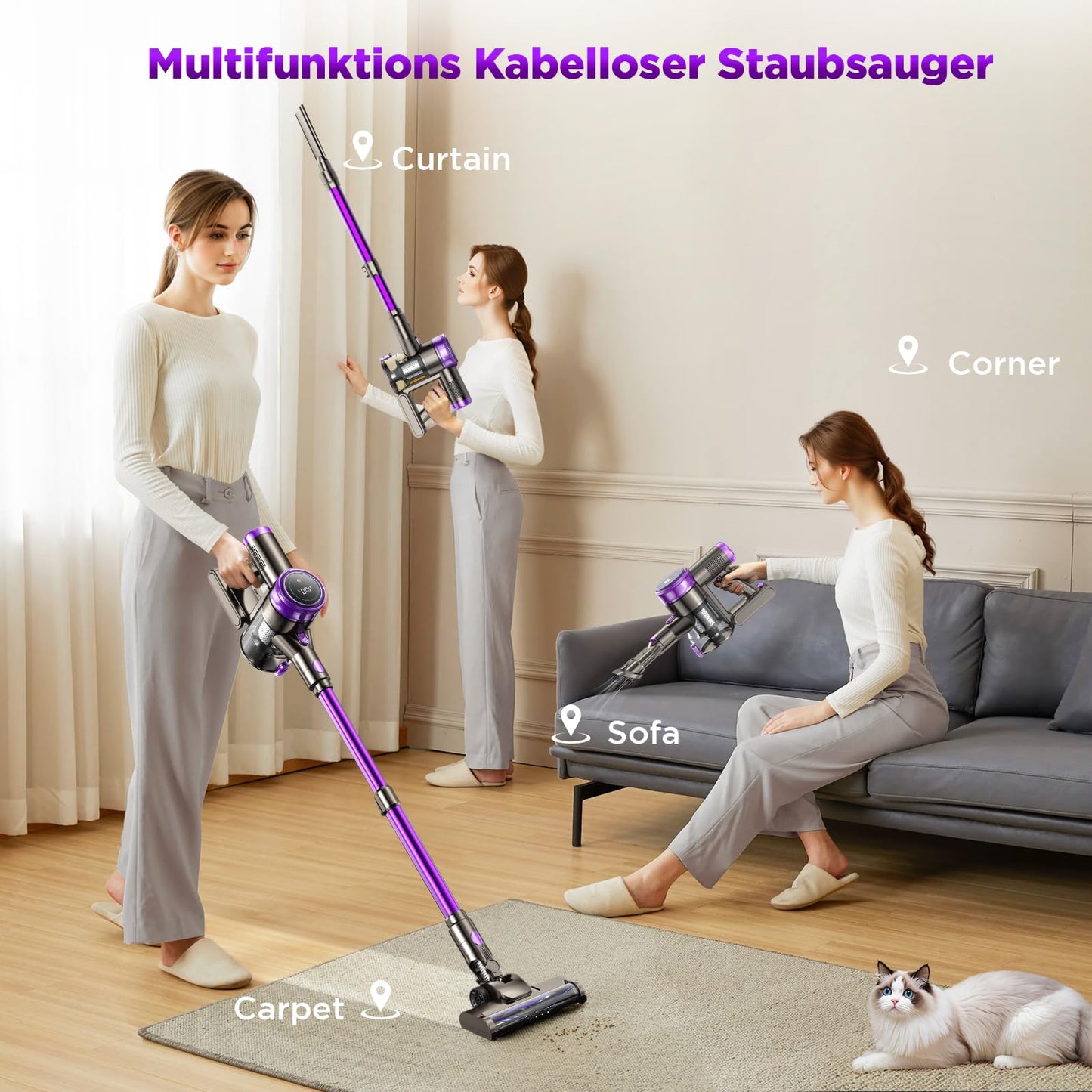 Kabelloser Akku-Staubsauger – 550W, 45.000Pa Saugkraft, LED-Display, 65 Min Laufzeit, Anti-Tangle-Bürste