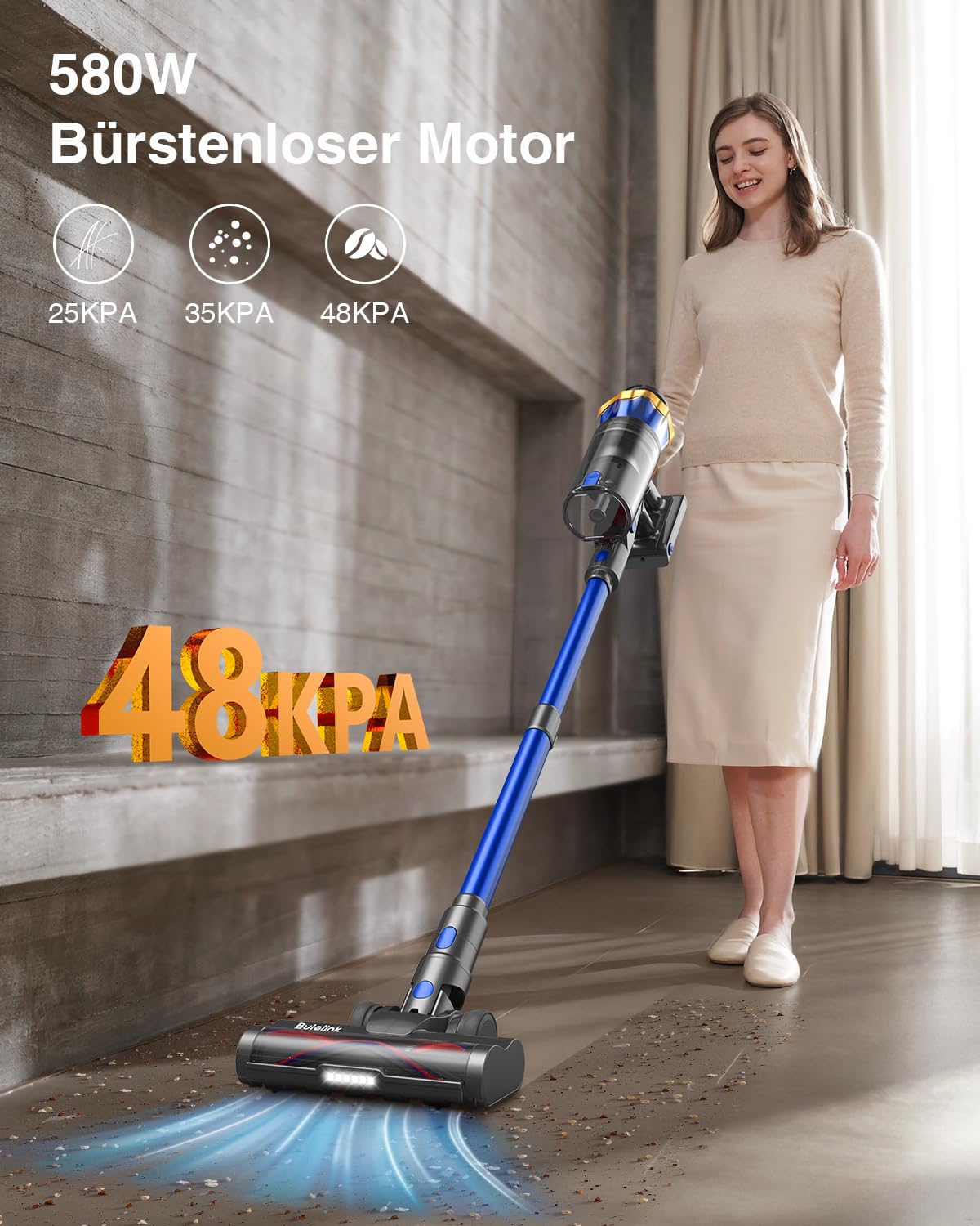 Kabelloser Akku-Staubsauger 550 W – 45 kPa, 65 Min Laufzeit, Anti-Tangle, OLED-Display