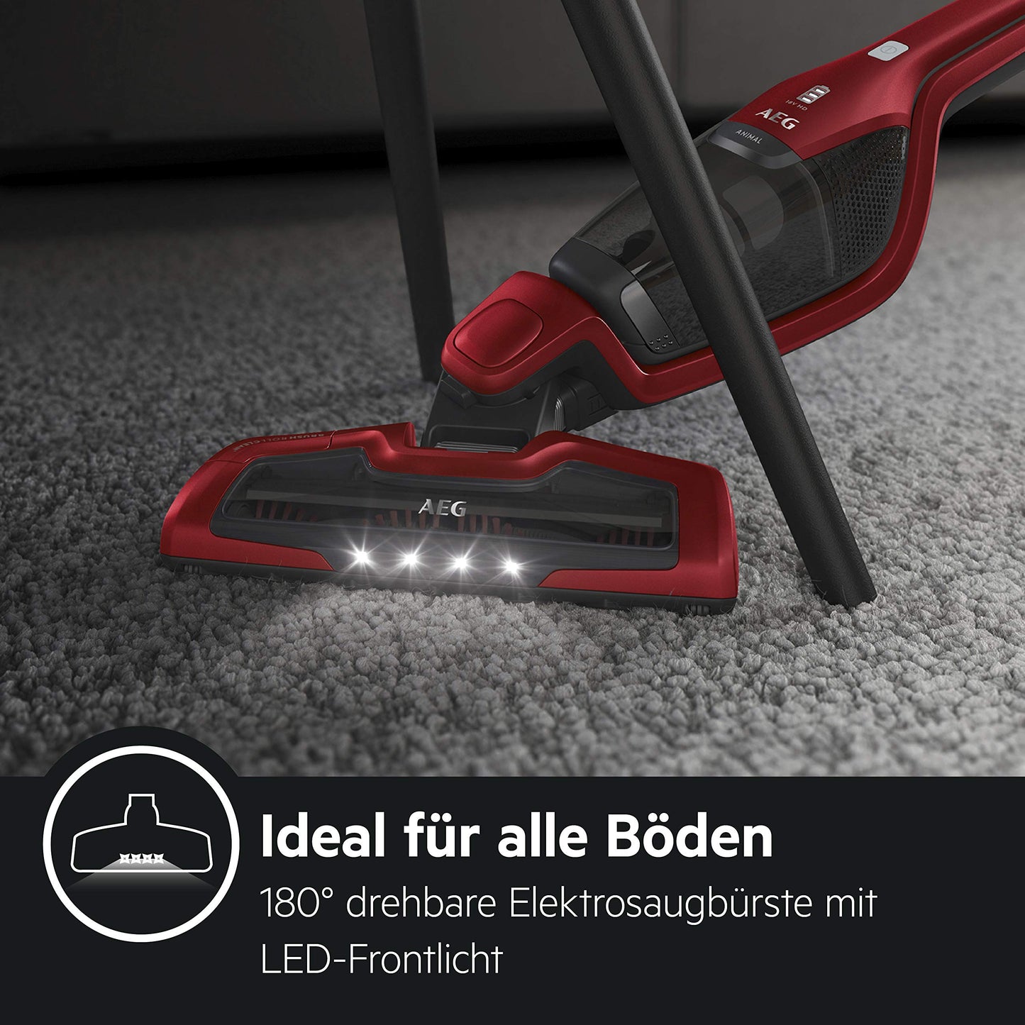 AEG Ergorapido 2in1 Akku-Staubsauger – Beutellos, Tierhaardüse, 45 Min Laufzeit, LED-Frontlicht, Rot