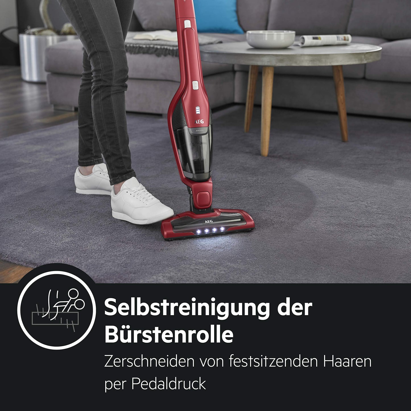 AEG Ergorapido 2in1 Akku-Staubsauger – Beutellos, Tierhaardüse, 45 Min Laufzeit, LED-Frontlicht, Rot