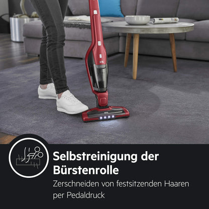 AEG Ergorapido 2in1 Akku-Staubsauger – Beutellos, Tierhaardüse, 45 Min Laufzeit, LED-Frontlicht, Rot