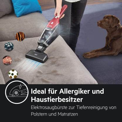 AEG Ergorapido 2in1 Akku-Staubsauger – Beutellos, Tierhaardüse, 45 Min Laufzeit, LED-Frontlicht, Rot